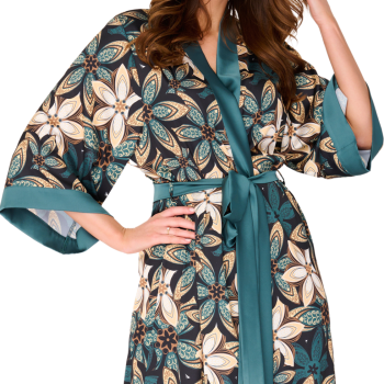 EN-M12/10 - Vestaglia Kimono lunga in raso Lotus Flowers - verde smeraldo