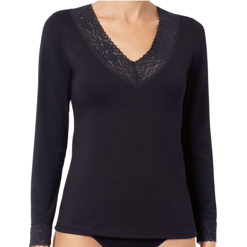 JS-1040038-616- Maglia Lace Thermo manica lunga con scollo in pizzo - nero