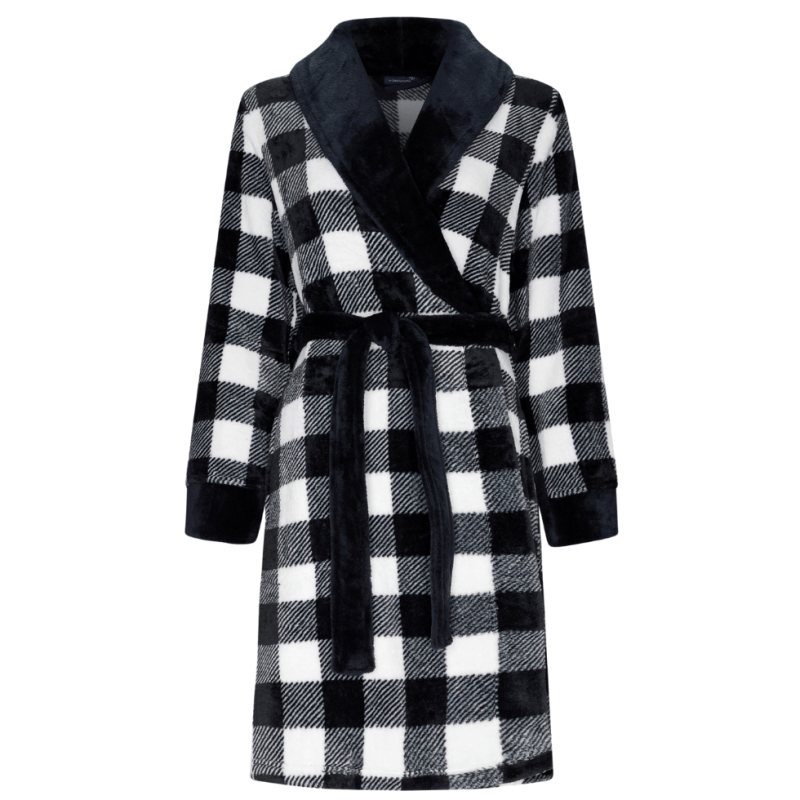 RE-71232-464-0- Vestaglia donna in pile - scacchi bianco nero