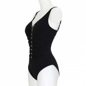 SF-72121-5- Costume Intero senza ferro con inserti dorati e tulle - nero