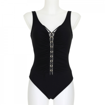 SF-72121-5- Costume Intero senza ferro con inserti dorati e tulle - nero