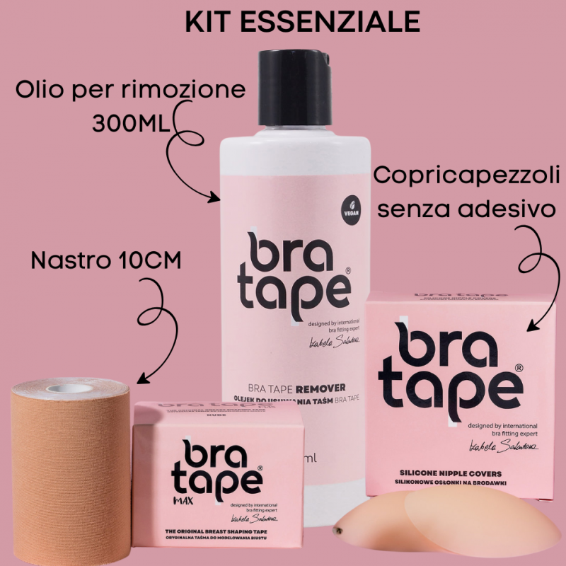 BT-KIT10-NUDE -Bra tape kit 10cm con copricapezzoli e olio rimozione - Nudo