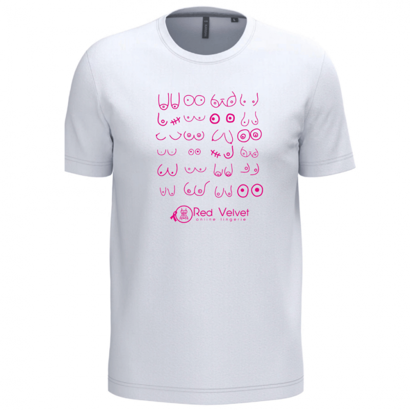 RV-K356-WHITE - Maglia mezze maniche Curvy scollo tondo stampa seno Ottobre Rosa - Bianco
