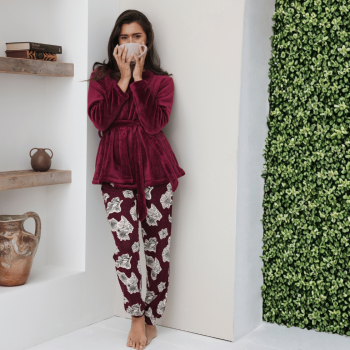 PA-171252-210-1- Kimono corto in coral fleece - dark red