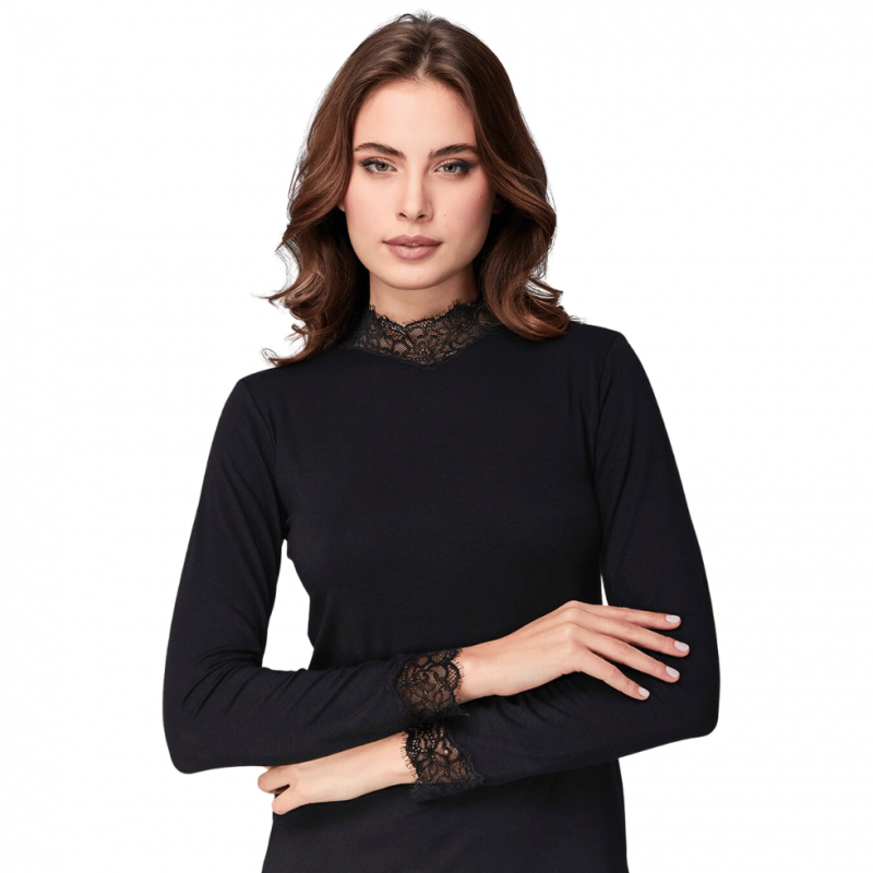 FR-DF2071-990 - Lupetto manica lunga modal e Cashmere con pizzo - Nero