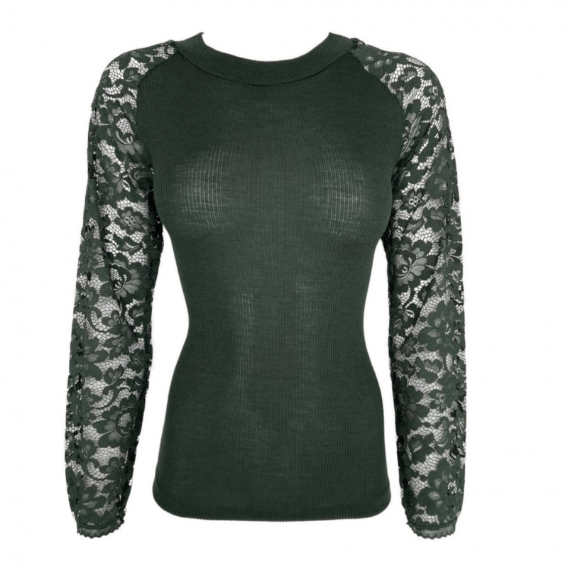 FR-DF7191-778- Girocollo manica lunga in lana-seta e pizzo - Garden