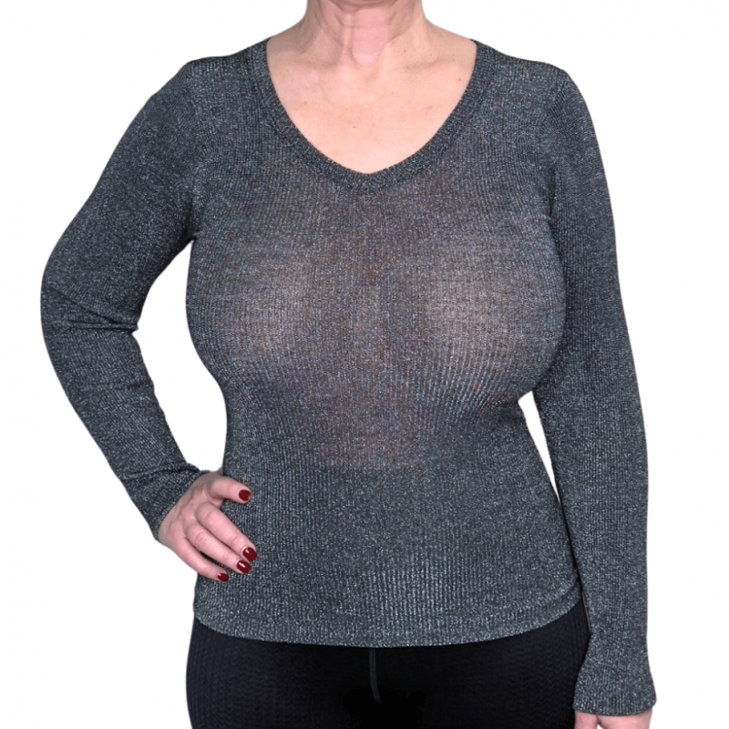 FR-DF7153-931- Maglia manica lunga scollo a V lana-seta con lurex - Grigio