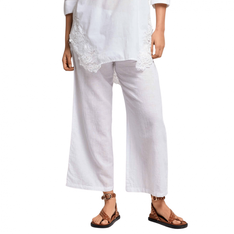 DB-26-007WHITE-Pantalone Cleofe in cotone e lino - Bianco