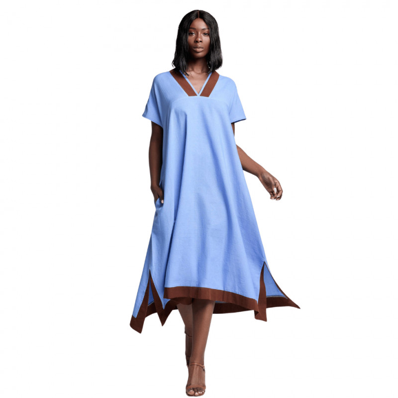 DB-26-030 - Maxi Kaftano Bea in cotone e lino - Light blue